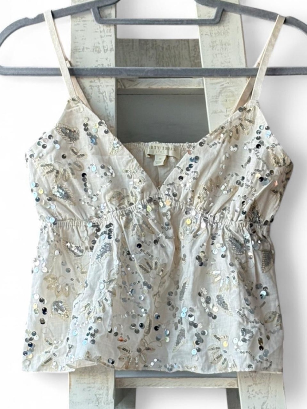 Thirty Thirty LA White Silver Sequin Peplum Cami Tank Top Blouse Size S